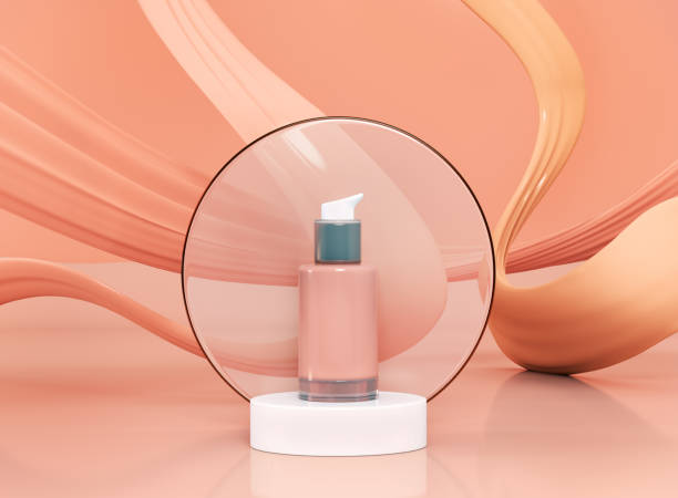 istock Blank cosmetics skincare product or packaging for mock up. Liquid makeup foundation bottle with cosmetic cream waves. Cosmetic product template. Pump container for branding on podium or pedestal over wavy background. 3d rendering. 1421088313