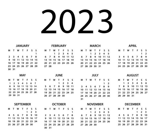 illustrazioni stock, clip art, cartoni animati e icone di tendenza di calendario 2023 - illustrazione vettoriale. la settimana inizia il lunedì - calendar october time week