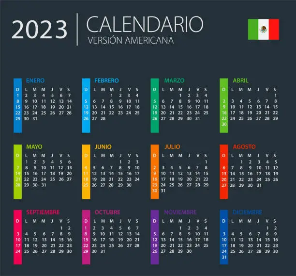 Vector illustration of Calendar 2023 Mexico Latin America - color vector illustration. Spanish Language Version. Dark Background.