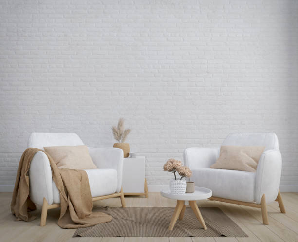 istock Modern interior with white brick wall and wood tone armchairs.3d rendering 1421088601