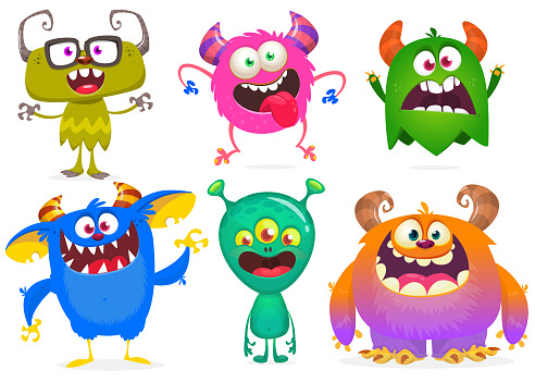 Funny cartoon monsters. Set of cartoon vector scary colorful monsters troll, cyclops, ghost,  monsters and aliens. Halloween design for decoration, stickers or cutout yard art sign standee. Great for children book. Isolated