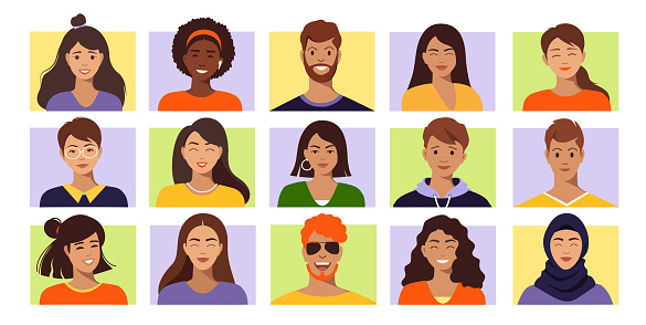 Set of portraits, avatars with cute vector characters. Smiling female and male characters of different races and ages.