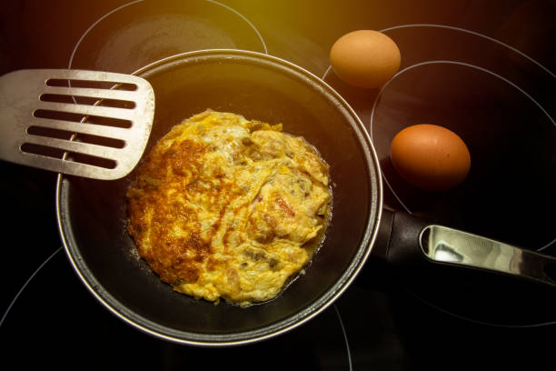istock Cooking vegetable omelet in pan at home. Spanish food 1421088940