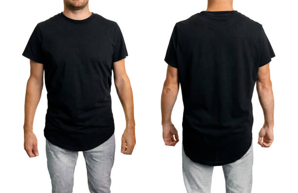 istock man in black blank long fit t-shirt. front and back mockup template for design. isolated on white background 1421089082
