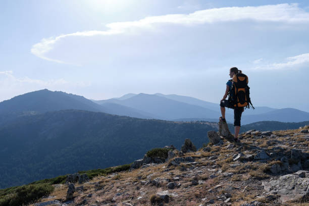 istock Female traveler with backpack admiring mountains 1421090721