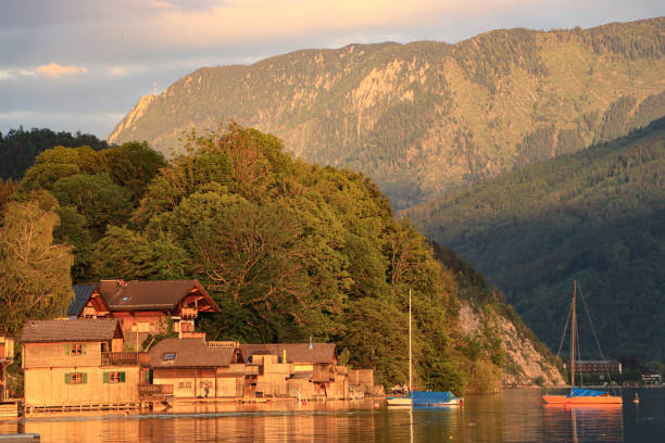 St. Wolfgang Lakeside With Boathouses And Katergebirge Line