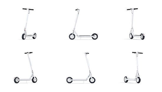 Blank white electric scooter mockup, rotation angles of all sides, 3d rendering. Empty hire e-scooter for mobility drive mock up, isolated. Clear transport device with banner for delivery template.