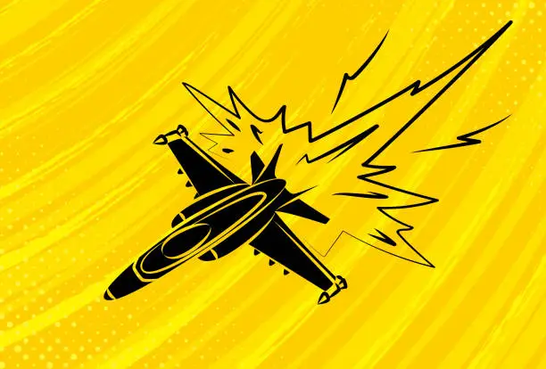 Vector illustration of Fighter, military airplane. Jet aircraft in speed lines. Air combat. Flying at supersonic speeds. Air Force. Army in action. Avia show. Aeroplane for use in stickers, printing on paper or fabric