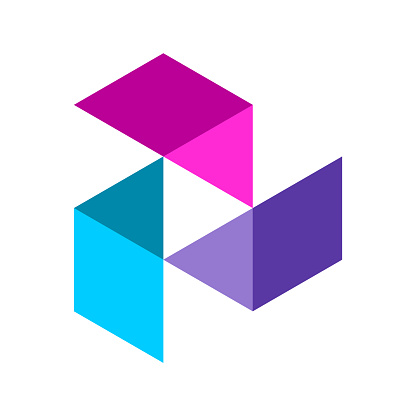 Isometric shapes forming a triangle in a negative space. Right arrow or forward sign. Three multicolored elements. Vector illustration, clip art.