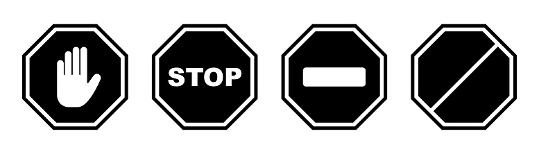 Stop sign. Black forbidden symbol. Stop octagon in black. No entry sign. Restriction hand symbol. No way icon. Square stop warn. Stock vector illustration