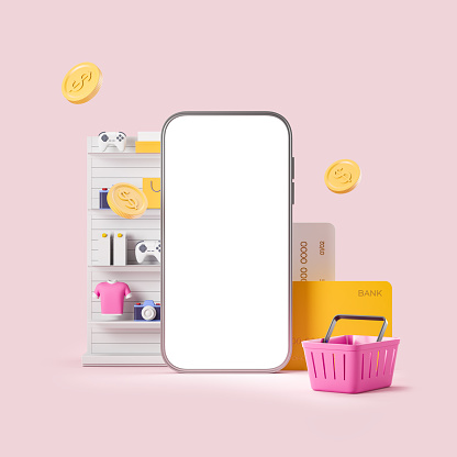 Large phone mockup empty display with products on market shelf, pink background. Concept of mobile app and online shopping. 3D rendering