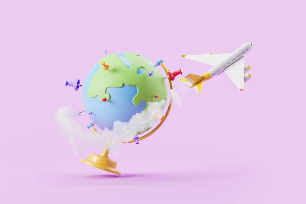 istock Earth globe with pins and plane takes off on pink background 1421101234