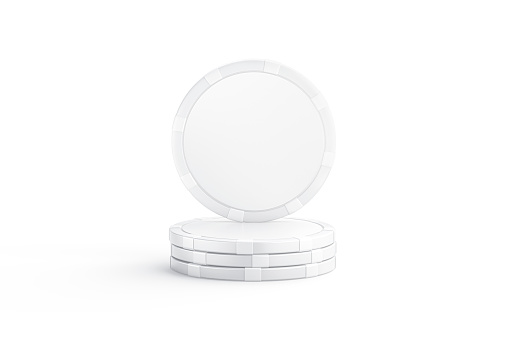 Blank white plastic round chip mockup stand on stack, isolated, 3d rendering. Empty finance game token stacked mock up, front view. Clear cash badge for board games betting template.