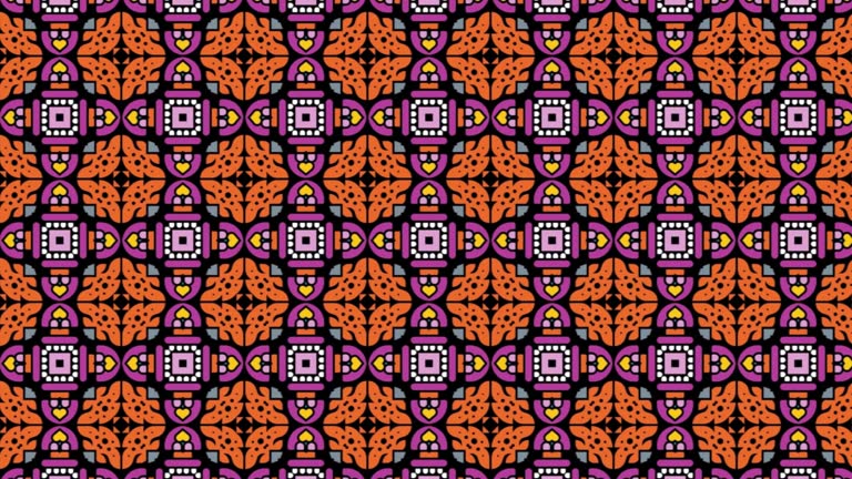 Maximal element tiles geometric seamless pattern in orange, pink, and black colors. Panning Seamless background.