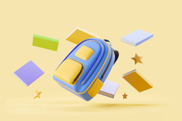 istock Backpack floating with books, stars on yellow background 1421101832