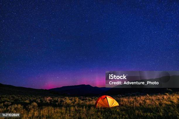 Glowing Tent With Stars Around Polaris North Star Stock Photo - Download Image Now - Colorado, Aurora Borealis, Camping