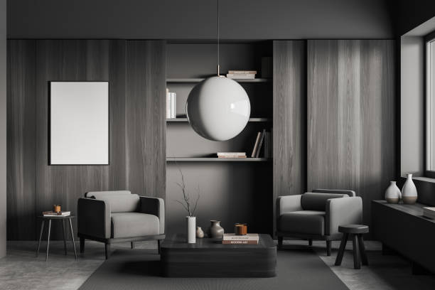 istock Grey relax room interior with chairs and decoration, shelf and mockup frame 1421102974
