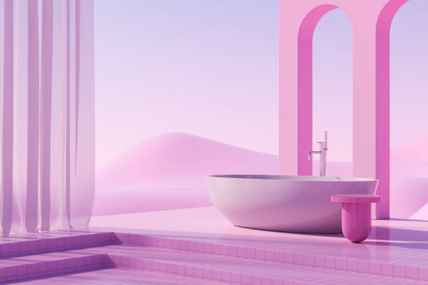istock Abstract exterior with bathtub, pink arch and landscape 1421103053