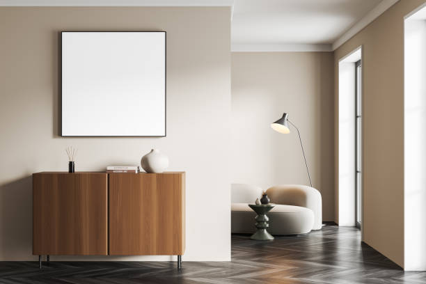 istock Light relax room interior with couch and drawer, window and mockup frame 1421103059