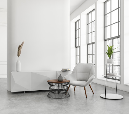 Minimal relax corner interior with armchair and sideboard with art decoration, side view, stand and panoramic window on Singapore city view. Mockup copy space white wall, 3D rendering