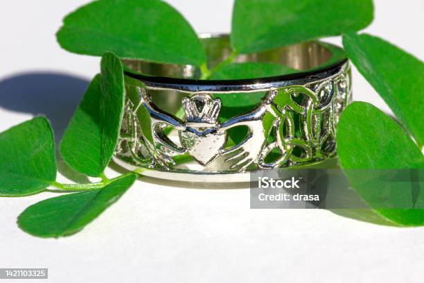 Claddagh Ring Traditional Irish Ring In Shape Of Two Hands Holding A Heart Shaped Stock Photo - Download Image Now