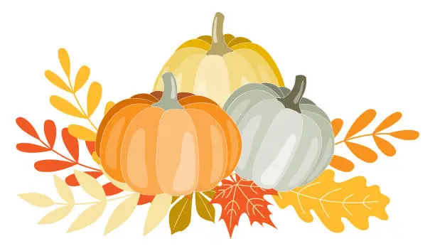 Vector illustration of Clipart illustration composition of different pumpkins and leaves in warm Autumn colours