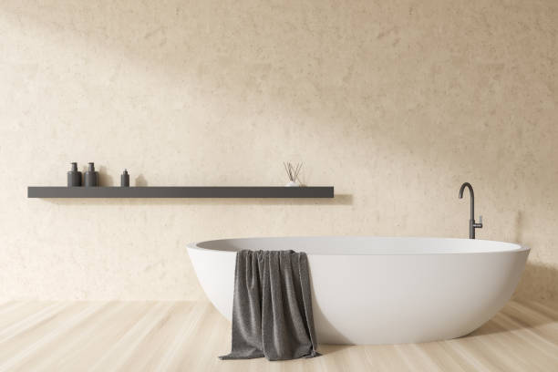 istock Front view on bright bathroom interior with bathtub 1421103356