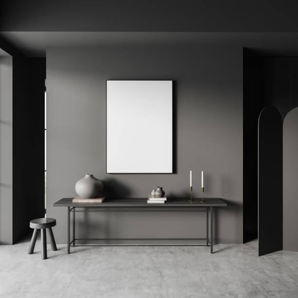 istock Grey living room interior with stool and decoration. Mockup frame 1421103496
