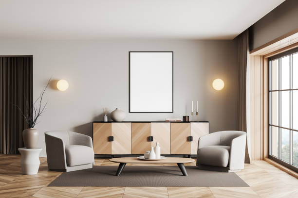 istock Chill room interior with chairs and drawer, window and mockup frame 1421103815