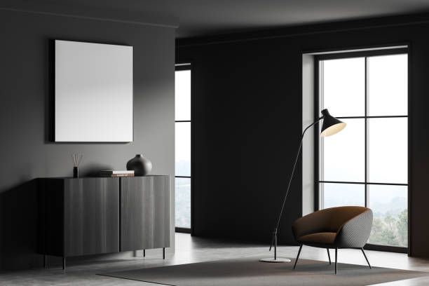 istock Grey relax interior with chair near panoramic window, drawer and mockup frame 1421103838