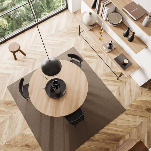 istock Top view of cosy dining room interior with chairs and table, panoramic window 1421103865