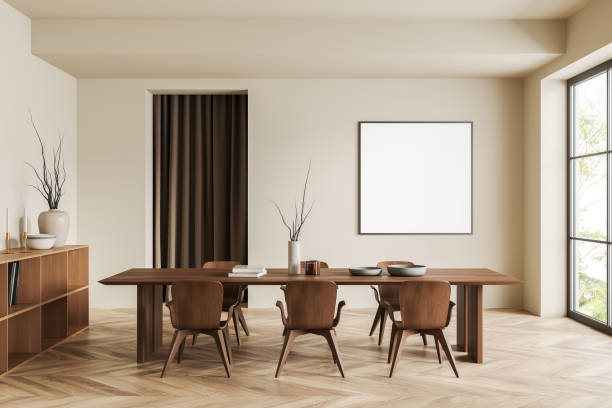 istock Light eating room interior with seats and table, window and mockup poster 1421104006