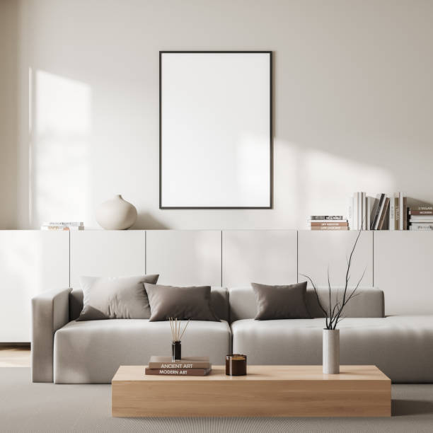 istock Front view on bright living room interior with white poster 1421104148