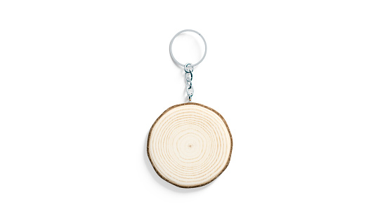 Blank wooden round tag on chain mockup, top view