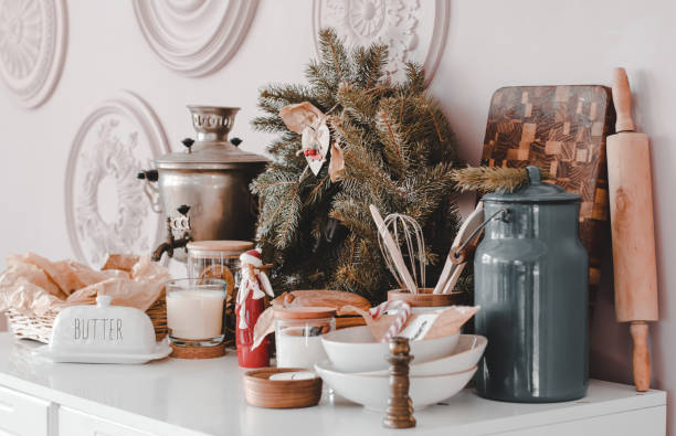 istock Christmas decor on a white table in a bright room, selective focus 1421107987