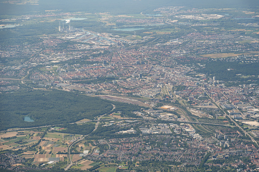 Karlsruhe, Germany, July 8, 2022 City center seen during a flight in a small plane
