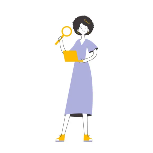 Vector illustration of A woman holds a magnifying glass and a laptop in her hands. Job Search Theme. H.R. Linear style. Isolated. Vector.