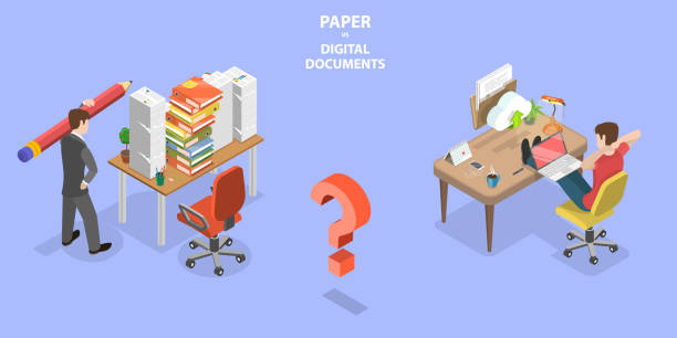 3d-isometrische flache vektor-konzeptdarstellung von papier- und digitalen dokumenten - stack paper document file stock-grafiken, -clipart, -cartoons und -symbole