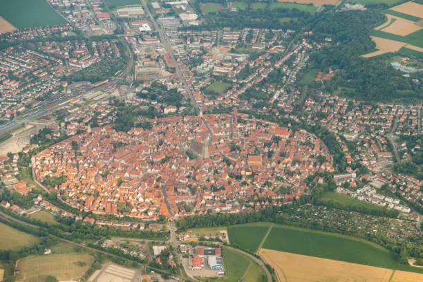 Noerdlingen, Bavaria, Germany, July 9, 2022 Flight over the city in a small plane