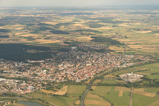 Gunzenhausen, Bavaria, Germany, July 9, 2022 Flight abeam the city in a small plane