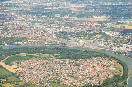 Mannheim, Germany, July 10, 2022 Flight over the city center with a small plane