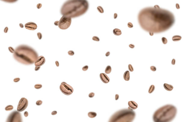 istock Coffee beans falling background. Black espresso coffee bean flying. Aromatic grain fall isolated on white. Represent breakfast for energy and freshness concept. 1421112672