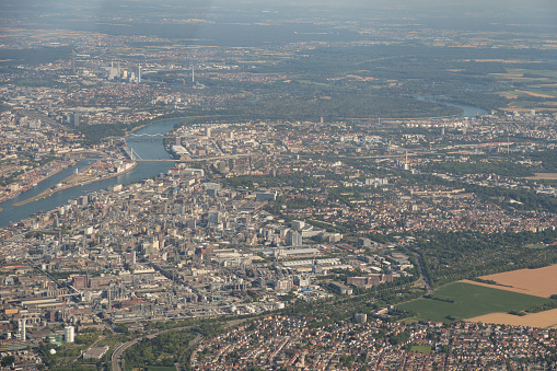 Mannhein, Germany, July 8, 2022 Flight over the city center with a small airplane