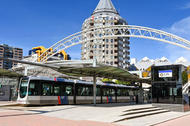 Rotterdam, Netherlands - August 2022: Modern electric tram stopped at a station in the city centre