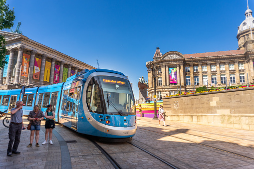 Oslo, Norway, July 4, 2023 - A streetcar of line 11 of series SL 79 in downtown Oslo, Norway.