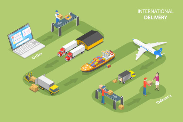 3D Isometric Flat Vector Conceptual Illustration of International Delivery 3D Isometric Flat Vector Conceptual Illustration of International Delivery, Global Logistics Network chain store stock illustrations