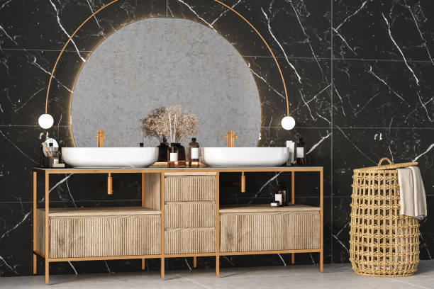 istock Modern minimalist bathroom interior with marble  wall, luxury bathroom cabinet with double sink 1421116815