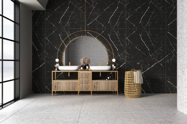 istock Modern minimalist bathroom interior with marble  wall, luxury bathroom cabinet with double sink 1421117111