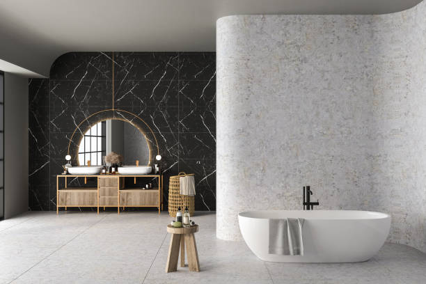 Modern minimalist bathroom interior with marble  wall, luxury bathroom cabinet with double sink