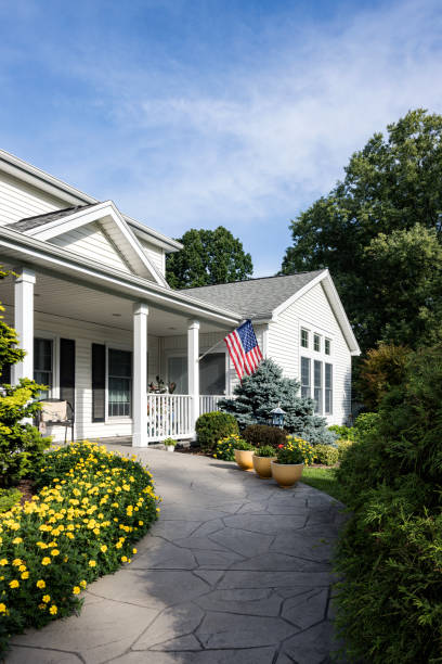 Yellow Marigold Flower Beds Line Home Front Walkway